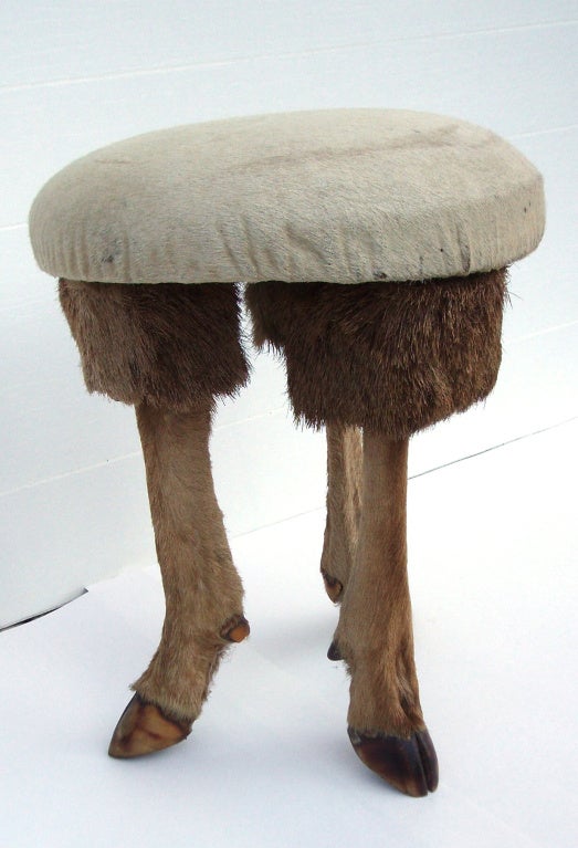 Vintage Tripod Stool w/ Deer Hoof Feet and HaironHide Cushion at 1stdibs
