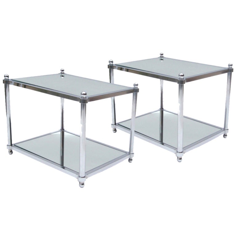 Pair of Mid Century Two Tier Chrome and Mirror End Tables