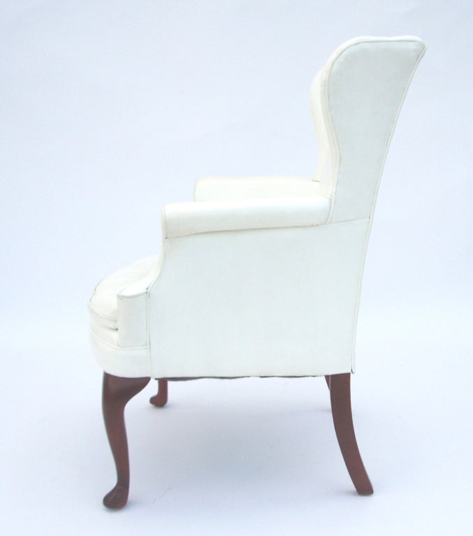 Mid-Century White Vinyl Wing Chair with Tufted Seat