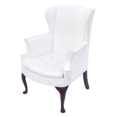 Mid-Century White Vinyl Wing Chair with Tufted Seat