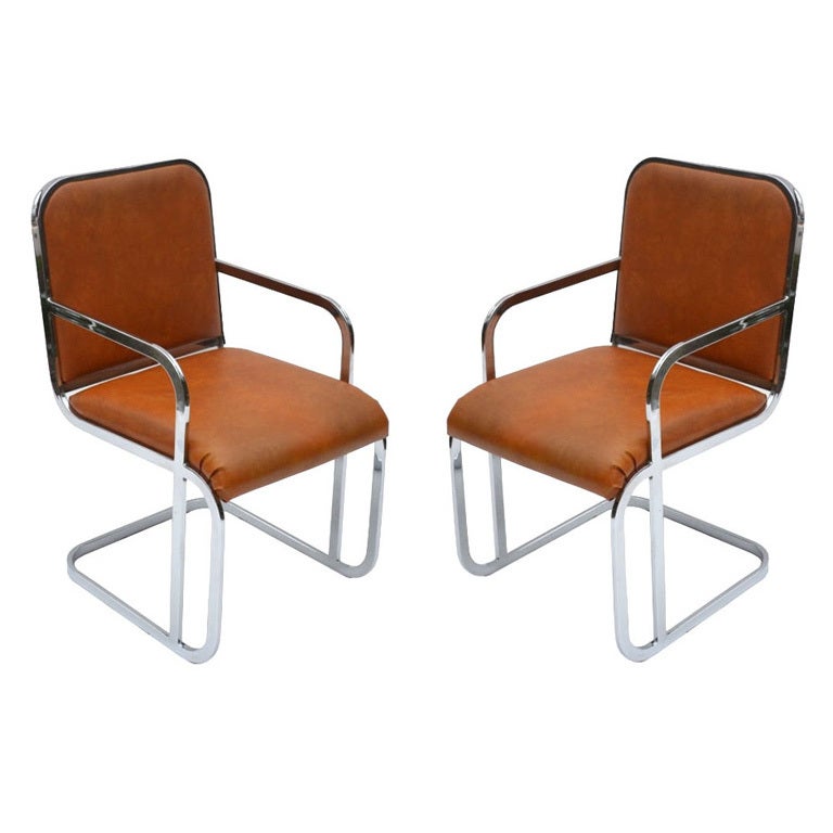 Pair of Mid Century Chrome and Vinyl Armchairs at 1stDibs