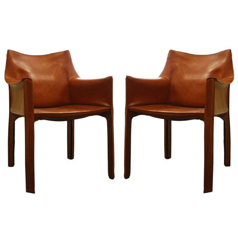 Pair of Cognac Leather CAB Chairs by Mario Bellini