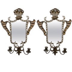 Antique Pair of Venetian Mirrored Wall Sconces in Hand-Wrought Iron