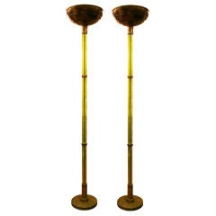 Pair of Unusual Art Deco Bronze and Glass Torchieres.