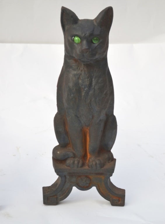 20th Century Mid-Century Cast Iron Cat Andirons with Green Glass Eyes
