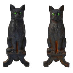 Vintage Mid-Century Cast Iron Cat Andirons with Green Glass Eyes