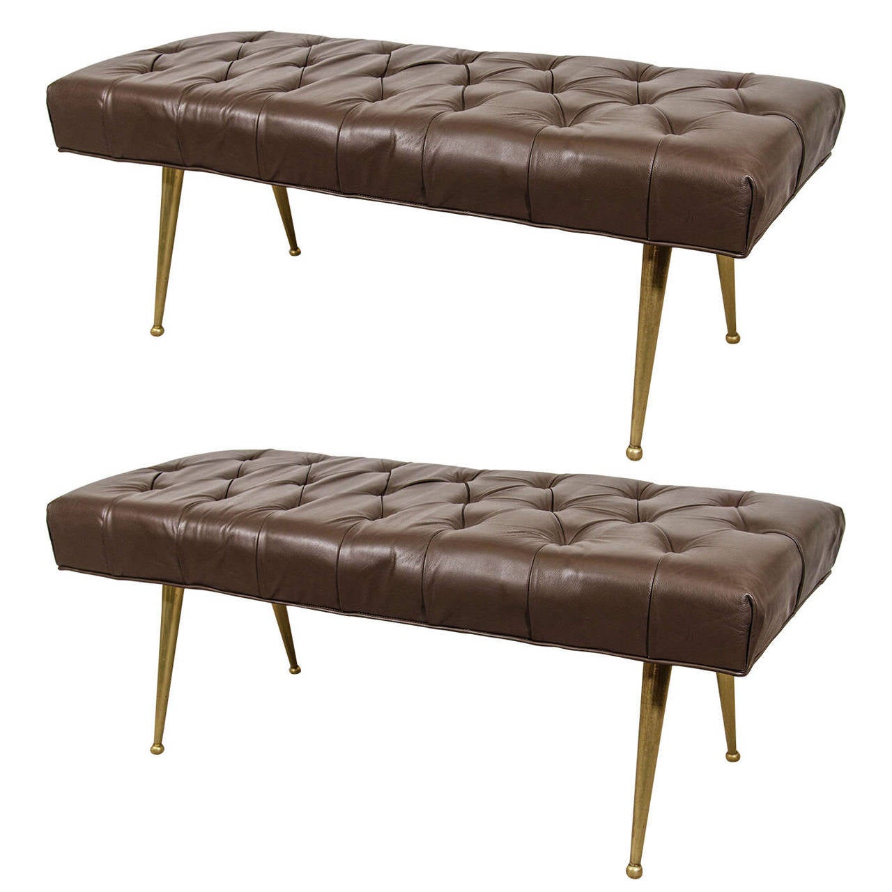 A Midcentury Pair of Italian Chocolate Color Leather Benches