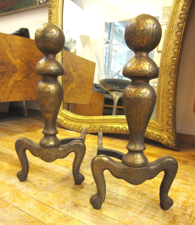 Antique Pair of Arts and Crafts Bronze Andirons by Cahill