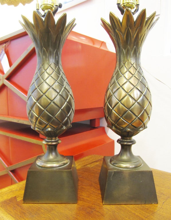 Mid Century Pair of Patinated Brass Pineapple Lamps