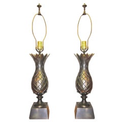 Mid Century Pair of Patinated Brass Pineapple Lamps