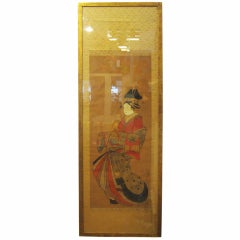 Vintage Early 20th Century Japanese Geisha Painting in Gilt Wood Frame