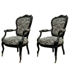 Antique Pair of Ebonized French Chairs with Faux Zebra Upholstery
