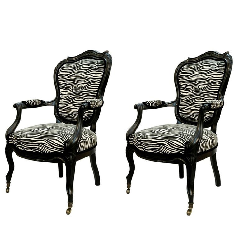 Antique Pair of Ebonized French Chairs with Faux Zebra Upholstery at