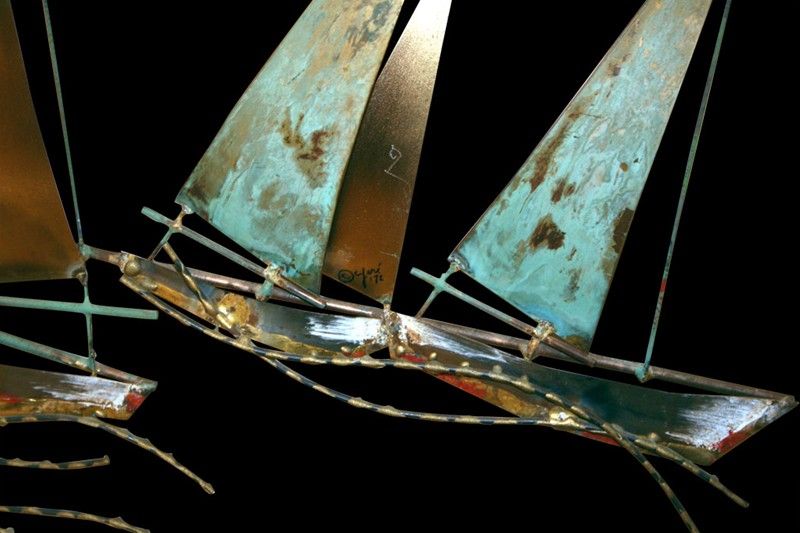 Brass sailboats wall sculpture by Curtis Jere, signed and dated 1972.
