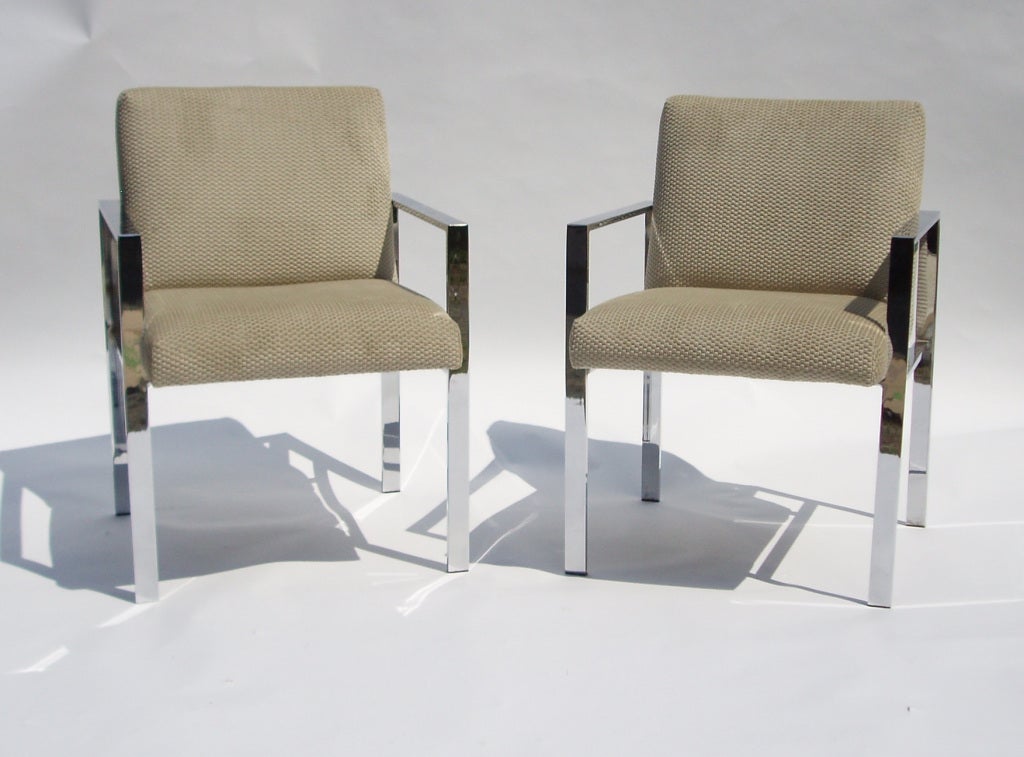 A pair of vintage armchairs in the style of Harvey Probber with chrome frames and newly reupholstered raised cut velvet cushions.
