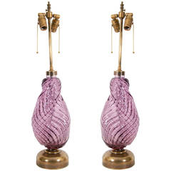 Midcentury Pair of Purple Murano Table Lamps, Attributed to Alfredo Barbini