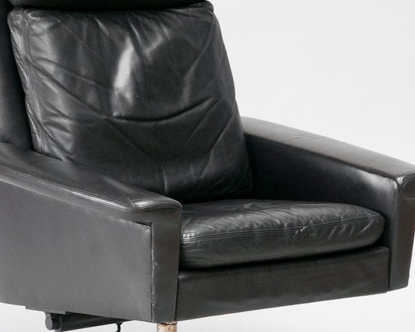 German Mid Century Black Leather Swivel Chair