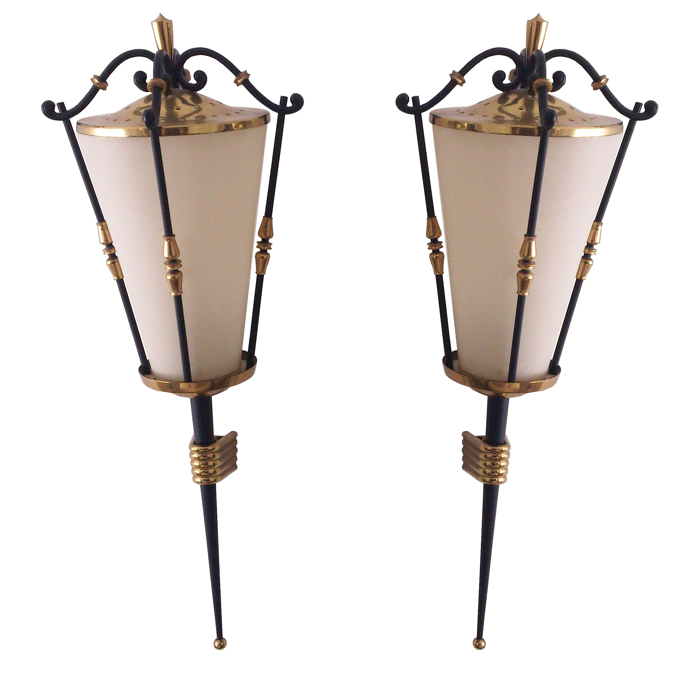 Pair of Mid Century Brass and Black Enamel Sconces by Arlus