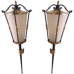 Pair of Mid Century Brass and Black Enamel Sconces by Arlus