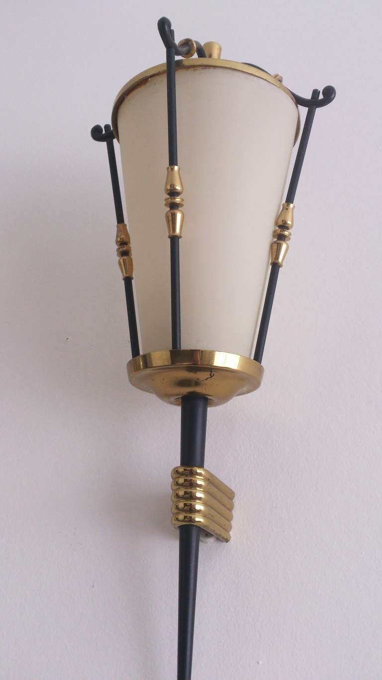 Pair of Mid Century Brass and Black Enamel Sconces by Arlus In Good Condition In New York, NY
