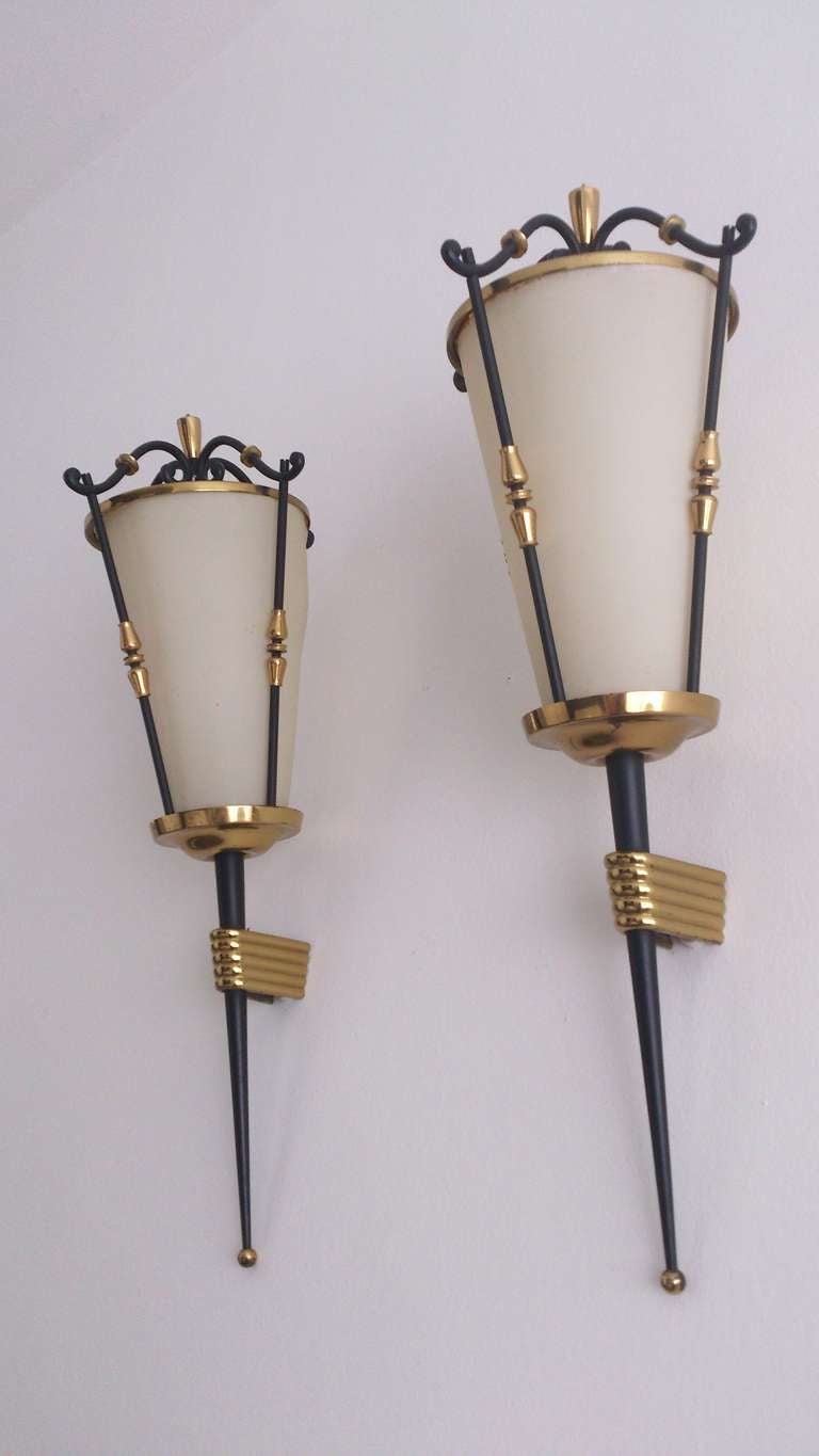 Mid-Century Modern Pair of Mid Century Brass and Black Enamel Sconces by Arlus