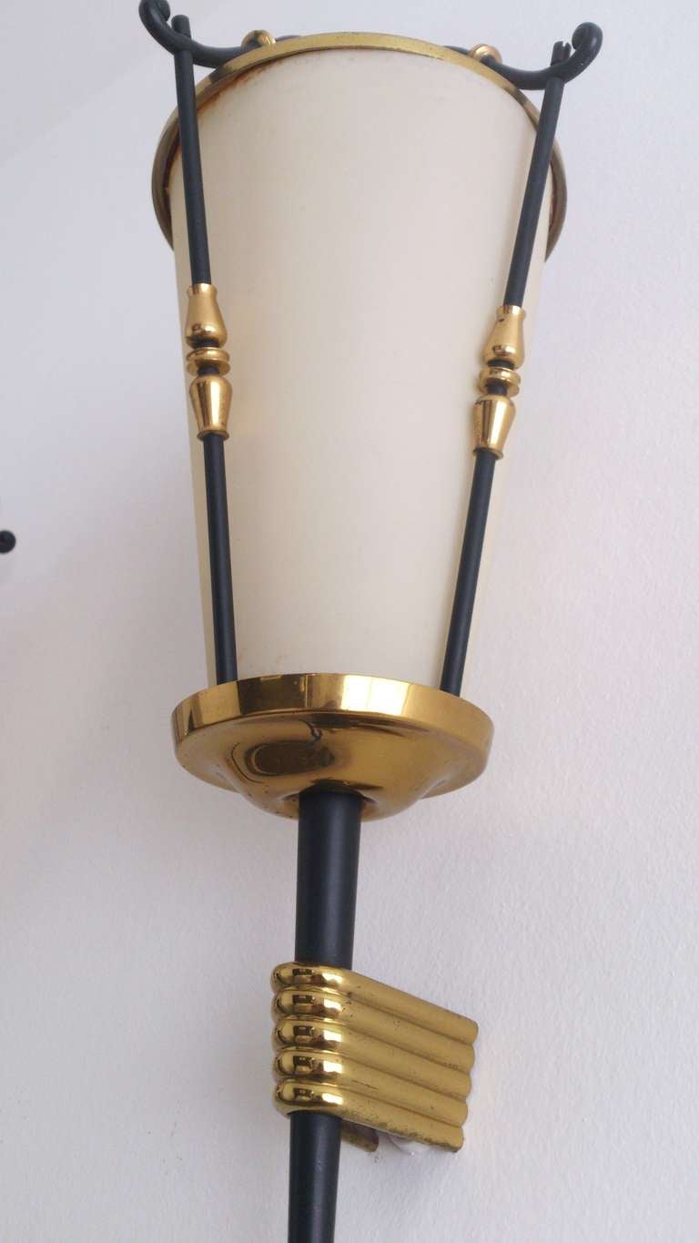 20th Century Pair of Mid Century Brass and Black Enamel Sconces by Arlus