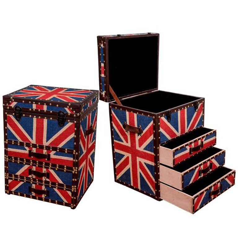 Mid Century Pair of Union Jack Trunk Form Chests