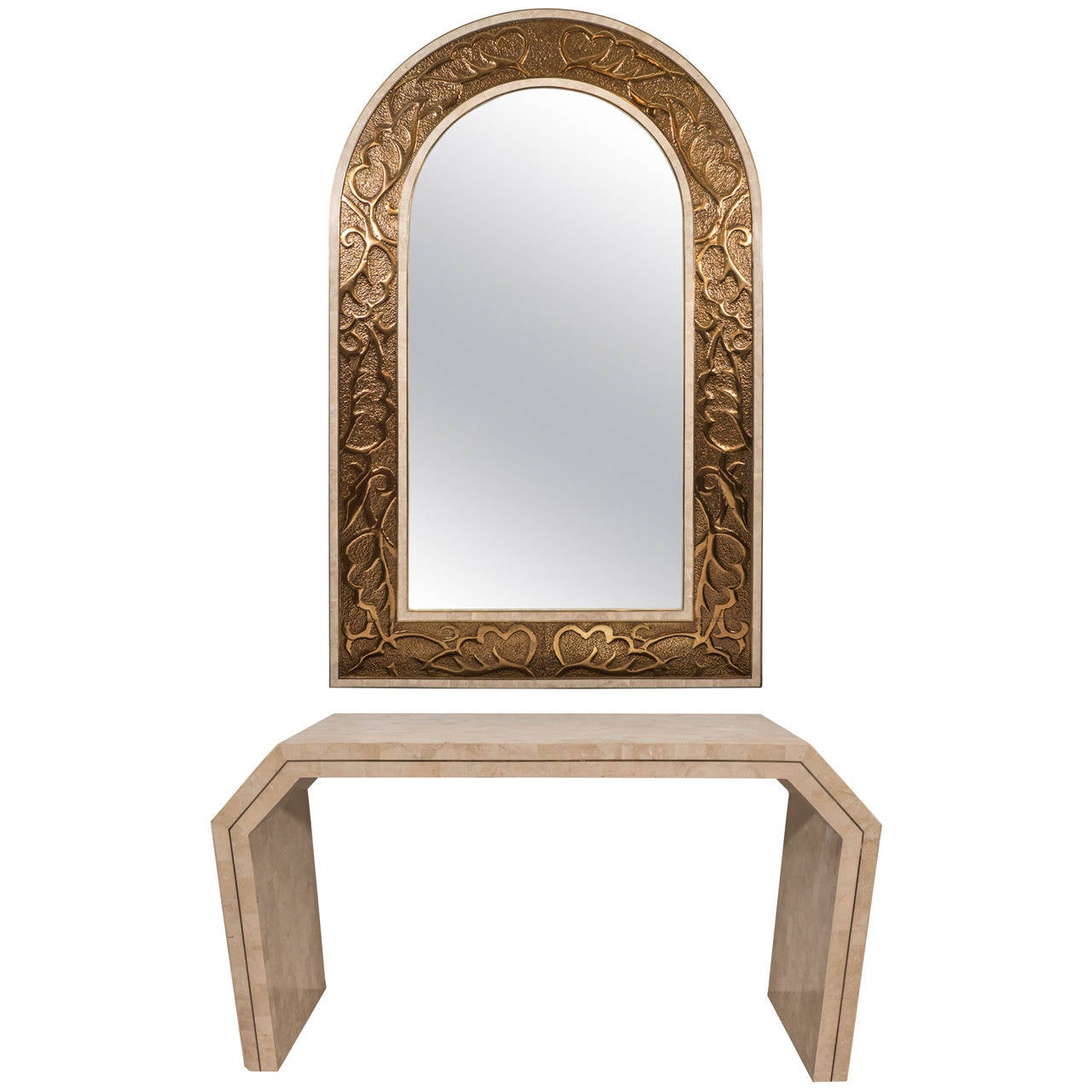 Late 20th Century Arched Bronze Mirror with a Maitland-Smith Marble Console For Sale
