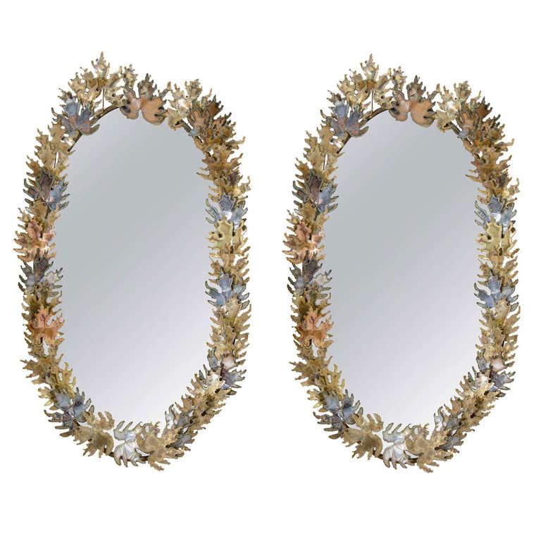 Amazing Pair of Brutalist Signed Curtis Jere Oval-Leaf Wall Mirrors For Sale