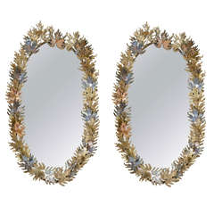 Amazing Pair of Brutalist Signed Curtis Jere Oval-Leaf Wall Mirrors