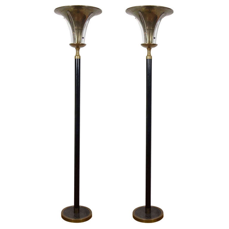Art Deco Style Pair of Black Enamel over Metal Torchiere Lamps