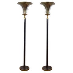 Art Deco Style Pair of Black Enamel over Metal Torchiere Lamps