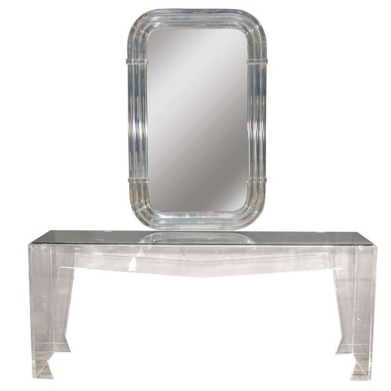  Spectacular Modernist Custom Designed Lucite Mirror and Console For Sale