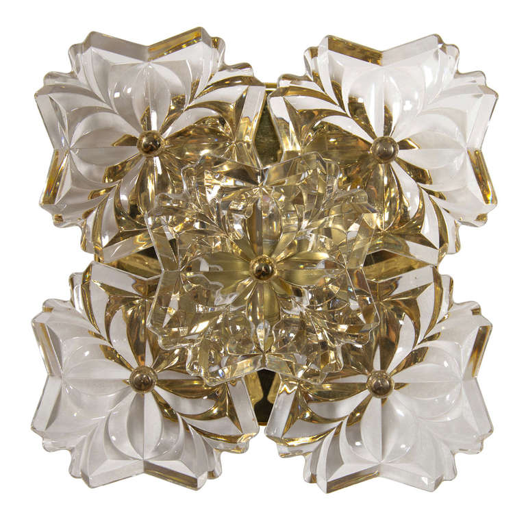 Midcentury Cut Glass and Brass Sconce with Floral Motif