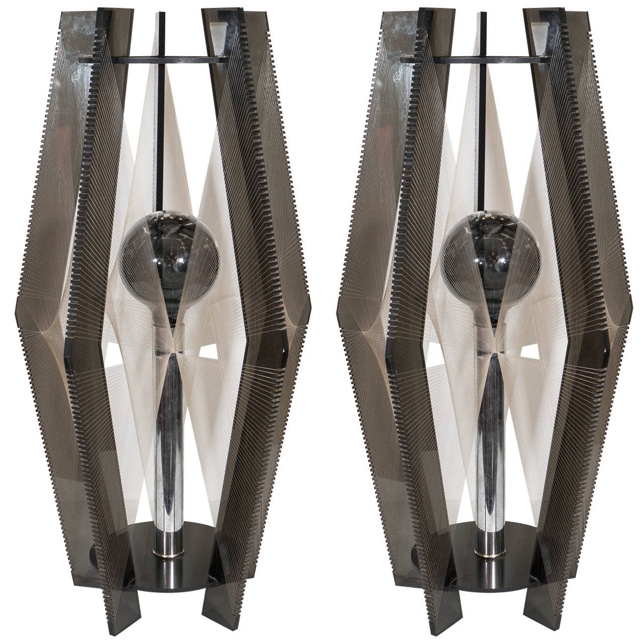 Pair of Modernistic Smoked Lucite and Chrome Lamps with Decorative Threading