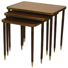 Set of Three Mid Century Brass and Rosewood Nesting Tables