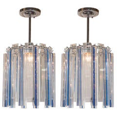 Italian Pair of Midcentury Chrome and Cobalt Blue Glass Chandeliers