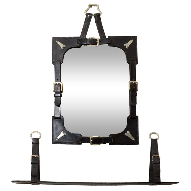 Mid Century Leather Frame Mirror and Shelf in the Manner of Adnet