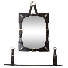 Mid Century Leather Frame Mirror and Shelf in the Manner of Adnet 6