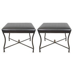 Pair of French Midcentury Wrought Iron Benches with Charcoal Leatherette Seats