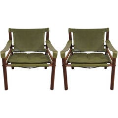 Pair of Arne Norell 'Sirocco' Safari Rosewood and Green Leather Chairs
