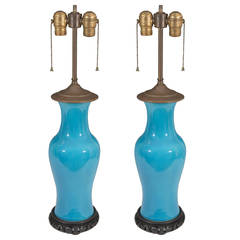 Pair of Midcentury Ceramic Chinese Ginger Jar Table Lamps in Turquoise