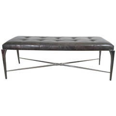 Black Leather Button Tufted Bench on Polished Stainless Steel Legs