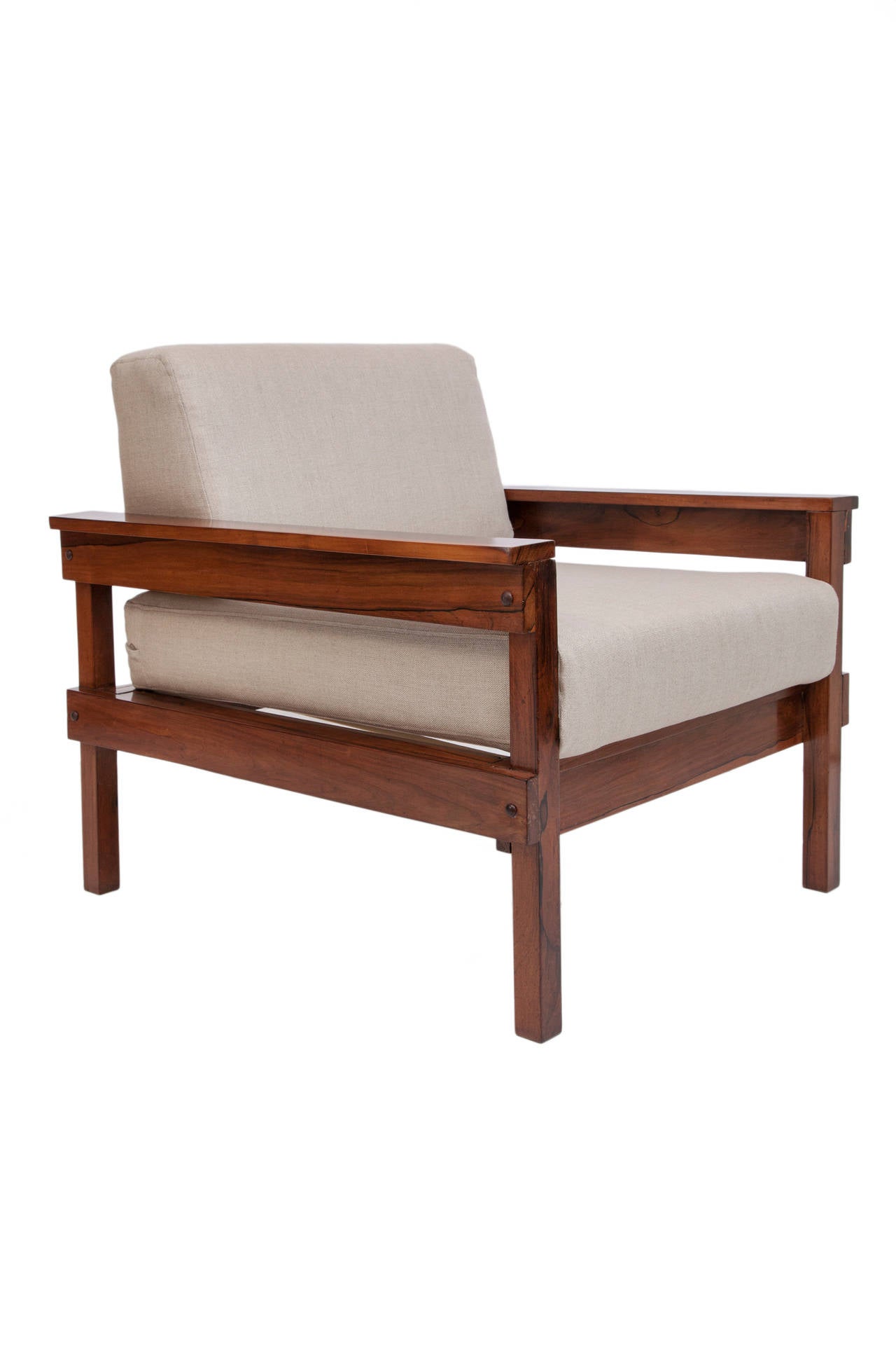 Mid-Century Modern Pair of Midcentury Brazilian Jacaranda Armchairs Upholstered in Beige Linen
