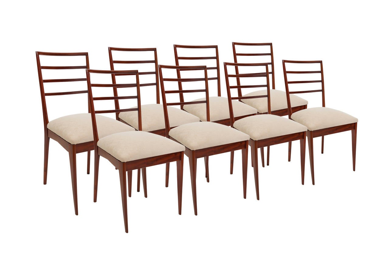 Mid-Century Modern Midcentury Set of Eight Brazilian Caviuna Wood Dining Chairs with Linen Seats