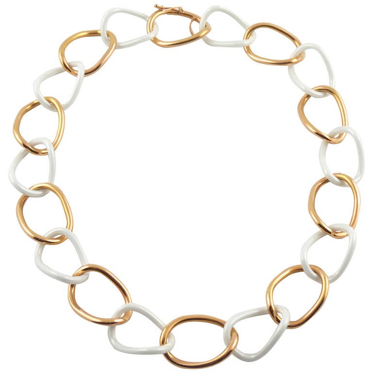 Alex Jona High Tech White Ceramic 18 Karat Gold Curb Link Necklace For Sale