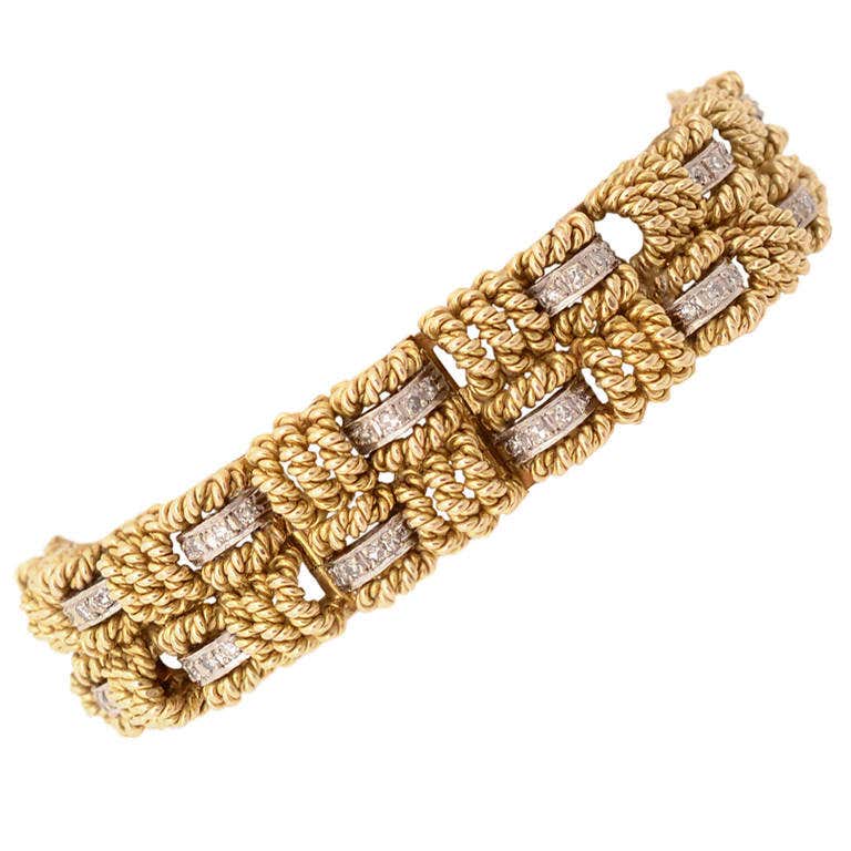 Diamond Gold Basketweave Bracelet at 1stDibs