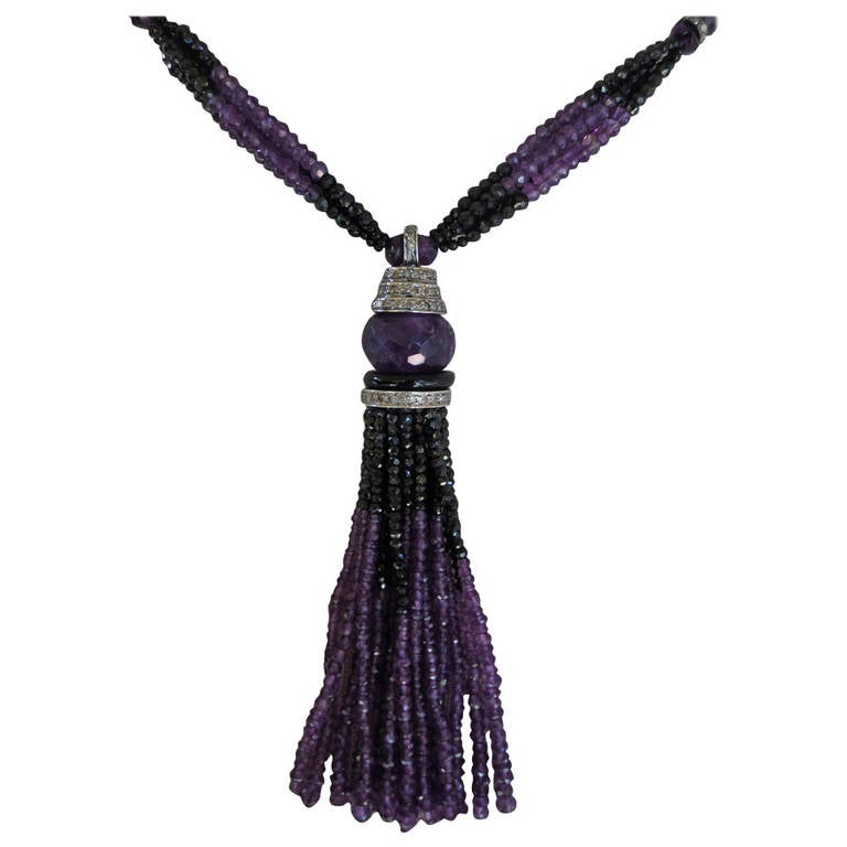 Artist Graduated Spinel and Amethyst Lariat Necklace with Diamonds and 14k White Gold 