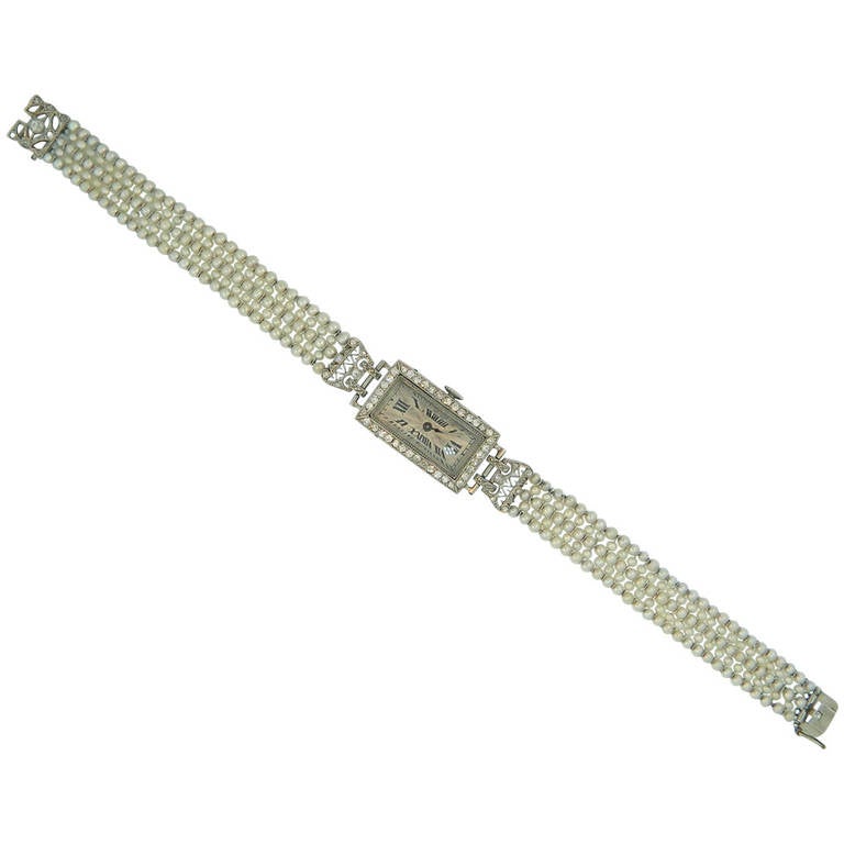Leon Hatot for Lacloche Lady's Platinum, Diamond, and Pearl Watch circa 1920s