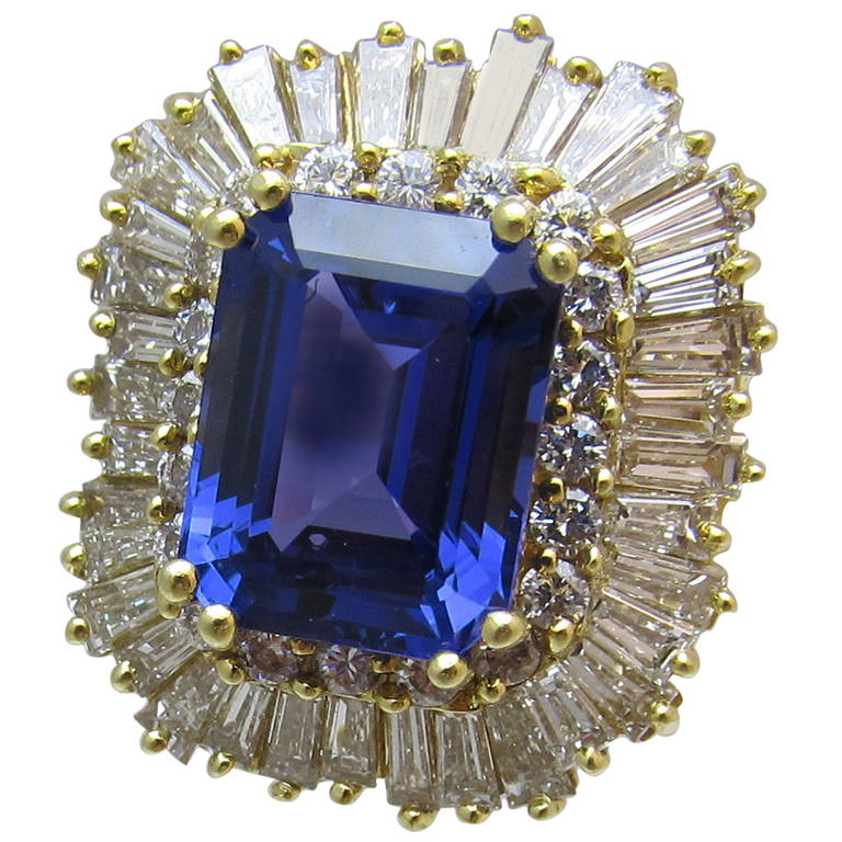 10.93 carat emerald shape Tanzanite Diamond Gold Ring